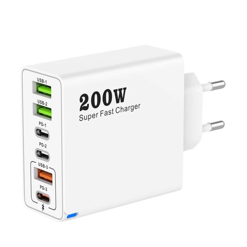 Eu White-Chargeur De Téléphone Portable Pour Iphone 16 Se4 Samsung Xiaomi Ipad, 200w, 6 Ports Usb C, Charge Super Rapide, Pd3.0 Usb C Type C