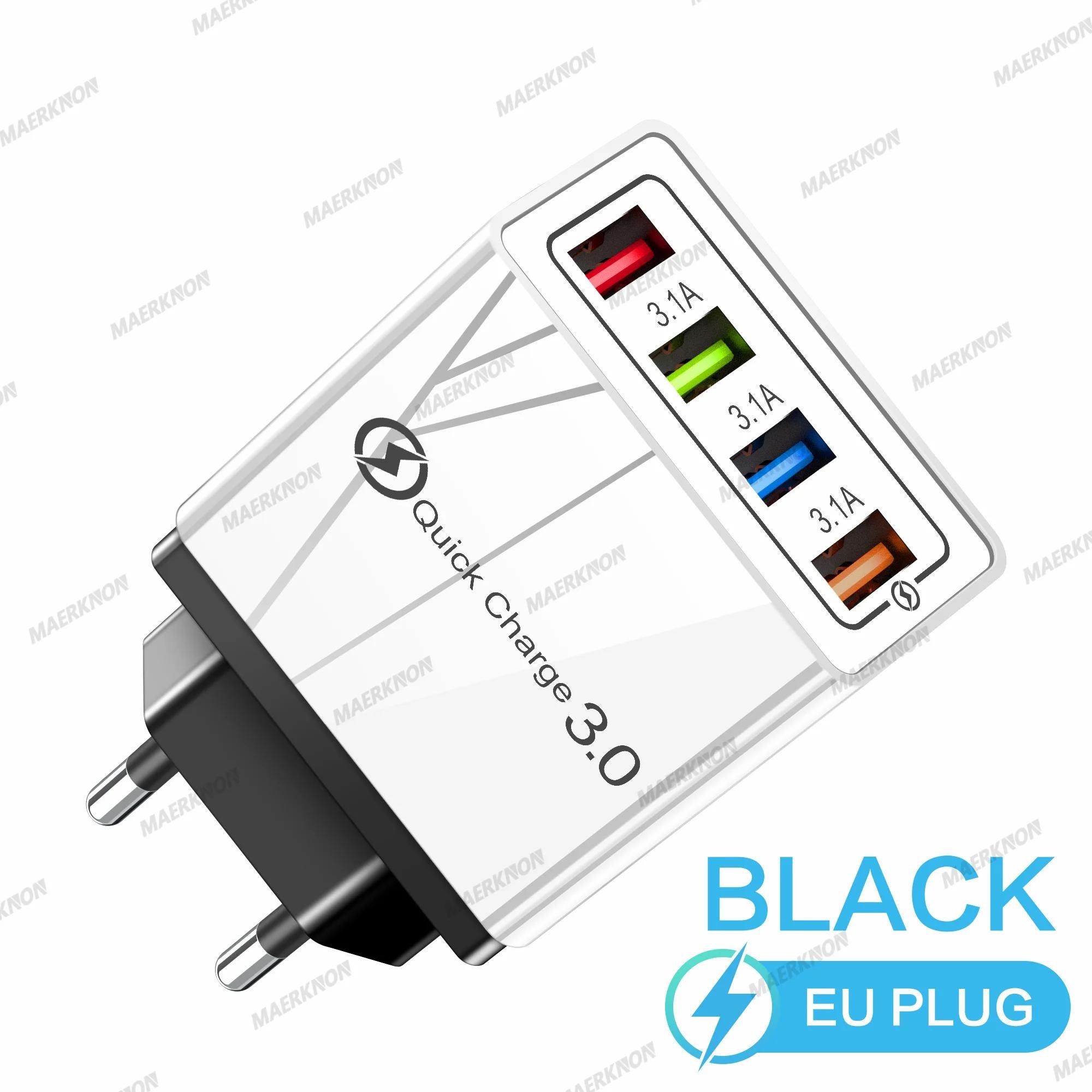 Eu Semi-Black-Chargeur Mural Usb 3.0 À 4 Ports, Charge Rapide Qc, Pour Xiaomi Iphone 15 Samsung Us/Eu, Prise De Téléphone Portable, Pour Voyage