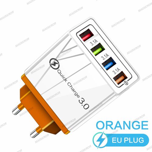 Eu Orange-Chargeur Mural Usb 3.0 À 4 Ports, Charge Rapide Qc, Pour Xiaomi Iphone 15 Samsung Us/Eu, Prise De Téléphone Portable, Pour Voyage
