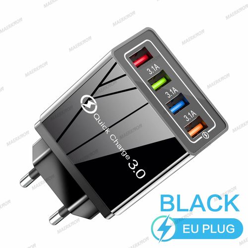 Eu Black-Chargeur Mural Usb 3.0 À 4 Ports, Charge Rapide Qc, Pour Xiaomi Iphone 15 Samsung Us/Eu, Prise De Téléphone Portable, Pour Voyage