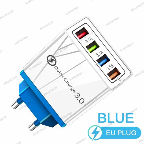 Eu Blue-Chargeur Mural Usb 3.0 À 4 Ports, Charge Rapide Qc, Pour Xiaomi Iphone 15 Samsung Us/Eu, Prise De Téléphone Portable, Pour Voyage