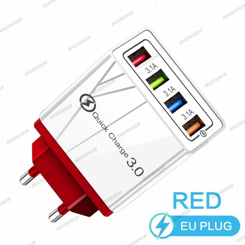 Eu Red-Chargeur Mural Usb 3.0 À 4 Ports, Charge Rapide Qc, Pour Xiaomi Iphone 15 Samsung Us/Eu, Prise De Téléphone Portable, Pour Voyage