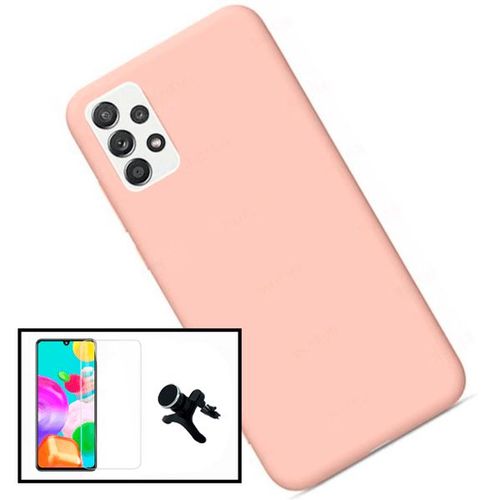 Kit Film De Verre Trempé Clearglass + Coque Silicone Liquide + Support Magnétique De Voiture Renforcé Pour Samsung Galaxy A52 - Rose
