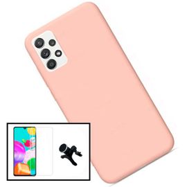 Kit Film De Verre Trempé Clearglass + Coque Silicone Liquide + Support Magnétique De Voiture Renforcé Pour Samsung Galaxy A52 - Rose