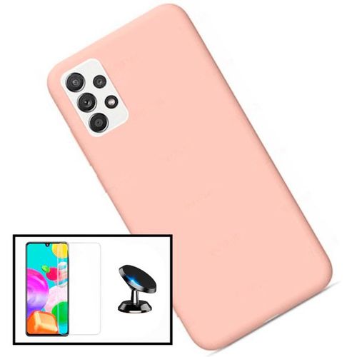Kit Film De Verre Trempé Clearglass + Coque Silicone Liquide + Support Magnétique De Voiture Pour Samsung Galaxy A52 - Rose