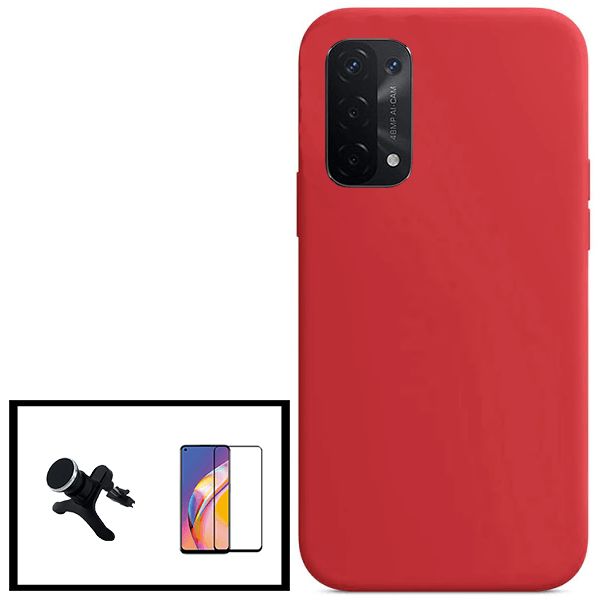 Kit Support Magnétique Renforcé De Voiture + Coque Silicone Liquide Pour Oppo A16 - Rouge