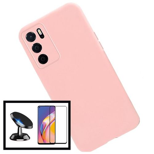 Kit Support Magnétique De Voiture + Coque Silicone Liquide Pour Oppo A16 - Rose