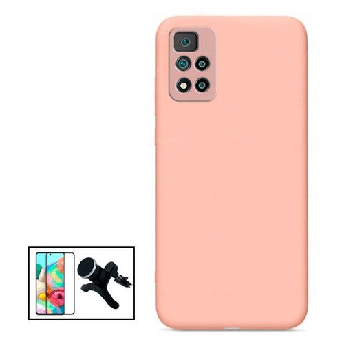 Kit Film De Verre Trempé 5d Full Cover + Coque Silicone Liquide + Support Magnétique De Voiture Renforcé Pour Xiaomi Redmi Note 11 Pro - Rose