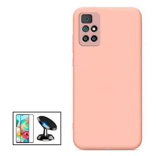 Kit Film De Verre Trempé 5d Full Cover + Coque Silicone Liquide + Support Magnétique De Voiture Pour Xiaomi Redmi Note 11+ - Rose