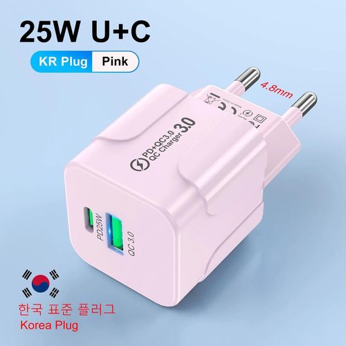 Kr Plug Pink-Pd25w Chargeur Coréen Pour Iphone 15 Pro Max Usb Type C Chargeur Rapide Usb C Chargeur Rapide Prise Kr Chargeur Rapide Chargeur Mural