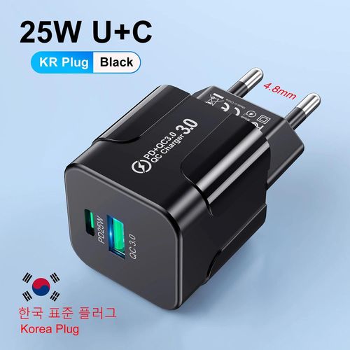 Kr Plug Black-Pd25w Chargeur Coréen Pour Iphone 15 Pro Max Usb Type C Chargeur Rapide Usb C Chargeur Rapide Prise Kr Chargeur Rapide Chargeur Mural