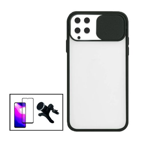 Kit Coque Slide Window Anti Choc Frosted + Film 5d Full Cover + Support Magnétique Renforcé De Voiture Pour Samsung Galaxy A22 4g - Noir