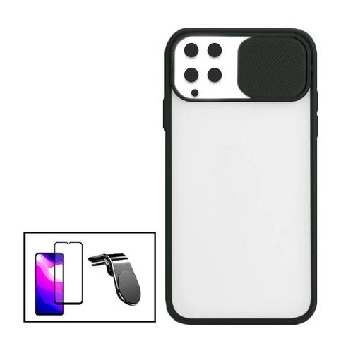 Kit Coque Slide Window Anti Choc Frosted + Film 5d Full Cover + Support Magnétique L Conduite En Toute Sécurité Pour Samsung Galaxy A22 4g - Noir