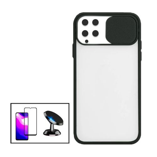 Kit Coque Slide Window Anti Choc Frosted + Film 5d Full Cover + Support Magnétique De Voiture Pour Samsung Galaxy A22 4g - Noir