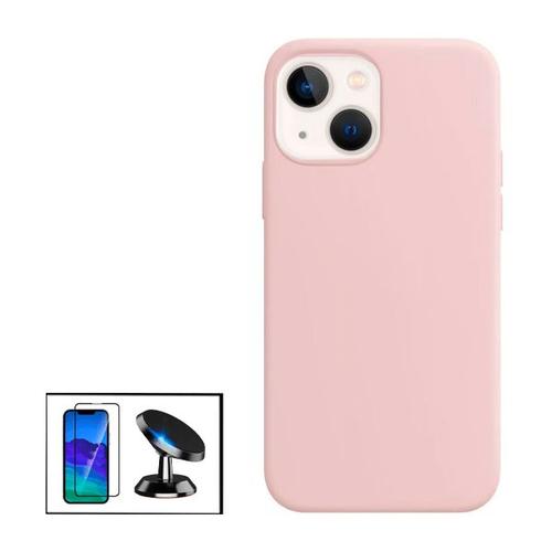 Kit Film De Verre Trempé 5d Full Cover + Coque Silicone Liquide + Support Magnétique De Voiture Pour Iphone 13 Mini - Rose