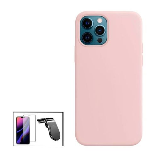 Kit Film De Verre Trempé 5d Full Cover + Coque Silicone Liquide + Support Magnétique De Voiture Renforcé Pour Iphone 13 Pro - Rose