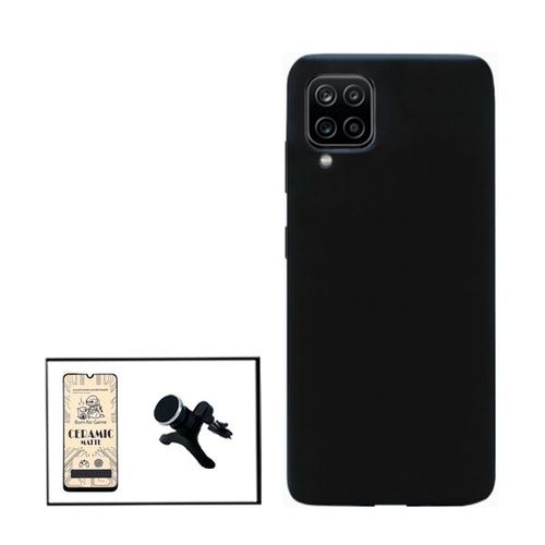 Kit Film De Verre Trempé Ceramicglass Full Cover + Coque Silicone Liquide + Support Magnétique De Voiture Renforcé Pour Samsung Galaxy A12