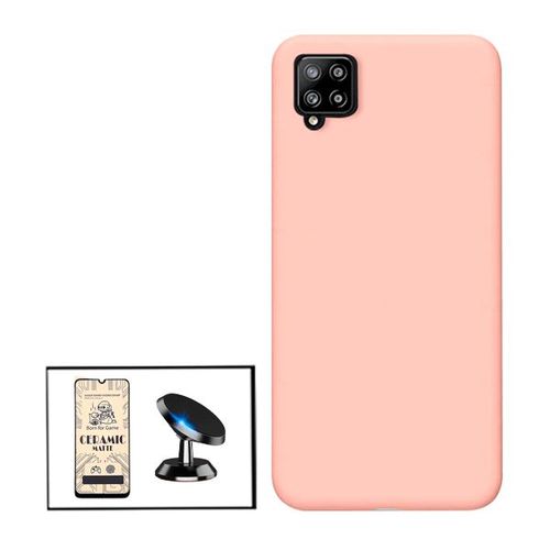 Kit Film De Verre Trempé Ceramicglass Full Cover + Coque Silicone Liquide + Support Magnétique De Voiture Pour Samsung Galaxy A12 Nacho - Rose