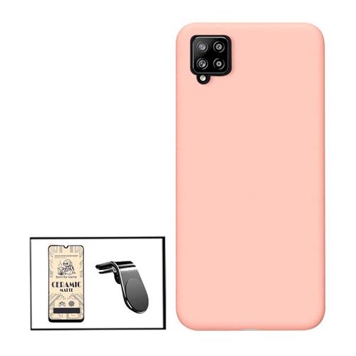 Kit Film De Verre Trempé Ceramicglass Full Cover + Coque Silicone Liquide + Support Magnétique L Conduite En Toute Sécurité Pour Samsung Galaxy A12 Nacho - Rose