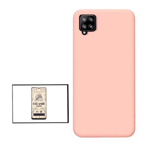 Kit Film De Verre Trempé Ceramicglass Full Cover + Coque Silicone Liquide Pour Samsung Galaxy A12 Nacho - Rose