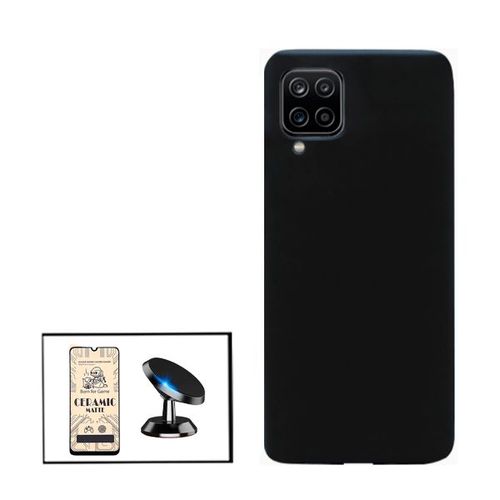 Kit Film De Verre Trempé Ceramicglass Full Cover + Coque Silicone Liquide + Support Magnétique De Voiture Pour Samsung Galaxy A12 Nacho