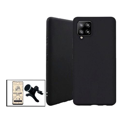 Kit Film De Verre Trempé Ceramicglass Full Cover + Coque Silicone Liquide + Support Magnétique De Voiture Renforcé Pour Samsung Galaxy A42 5g