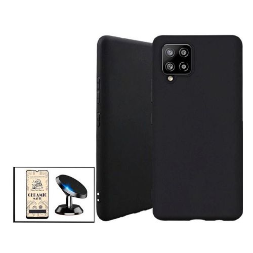 Kit Film De Verre Trempé Ceramicglass Full Cover + Coque Silicone Liquide + Support Magnétique De Voiture Pour Samsung Galaxy A42 5g