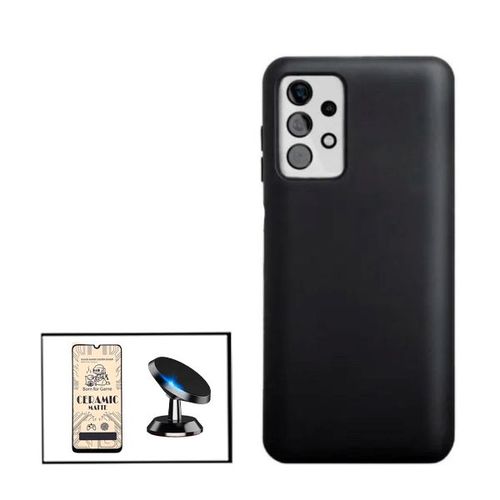 Kit Film De Verre Trempé Ceramicglass Full Cover + Coque Silicone Liquide + Support Magnétique De Voiture Pour Samsung Galaxy A32 5g
