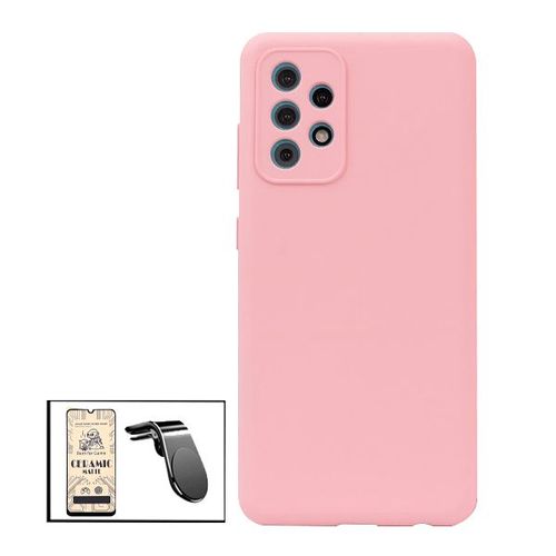 Kit Film De Verre Trempé Ceramicglass Full Cover + Coque Silicone Liquide + Support Magnétique L Conduite En Toute Sécurité Pour Samsung Galaxy M32 5g - Rose