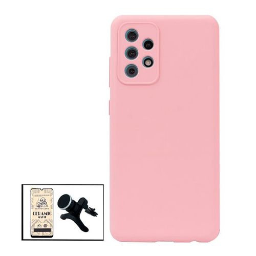 Kit Film De Verre Trempé Ceramicglass Full Cover + Coque Silicone Liquide + Support Magnétique De Voiture Renforcé Pour Samsung Galaxy M32 5g - Rose