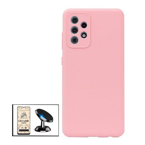 Kit Film De Verre Trempé Ceramicglass Full Cover + Coque Silicone Liquide + Support Magnétique De Voiture Pour Samsung Galaxy M32 5g - Rose