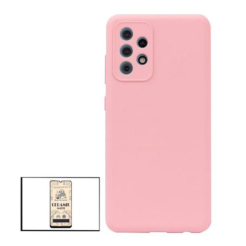 Kit Film De Verre Trempé Ceramicglass Full Cover + Coque Silicone Liquide Pour Samsung Galaxy M32 5g - Rose