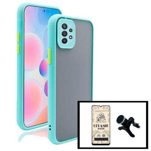 Kit Coque Antichoc Avec Caméra Protection + Film De Verre Trempé Ceramicglass Full Cover + Support Magnétique Renforcé De Voiture Pour Samsung Galaxy A32 5g - Bleu Clair