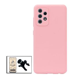 Kit Film De Verre Trempé Ceramicglass Full Cover + Coque Silicone Liquide + Support Magnétique De Voiture Renforcé Pour Samsung Galaxy A52 - Rose