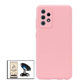 Kit Film De Verre Trempé Ceramicglass Full Cover + Coque Silicone Liquide + Support Magnétique De Voiture Pour Samsung Galaxy A52 - Rose