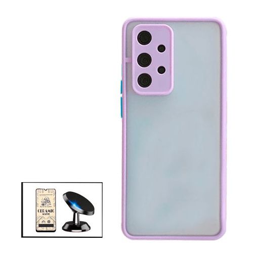 Kit Coque Antichoc Avec Caméra Protection + Film De Verre Trempé Ceramicglass Full Cover + Support Magnétique De Voiture Pour Samsung Galaxy M32 5g - Mauve