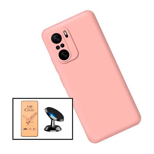 Kit Film De Verre Trempé Ceramicglass Full Cover + Coque Silicone Liquide + Support Magnétique De Voiture Pour Xiaomi Redmi Note 10 - Rose