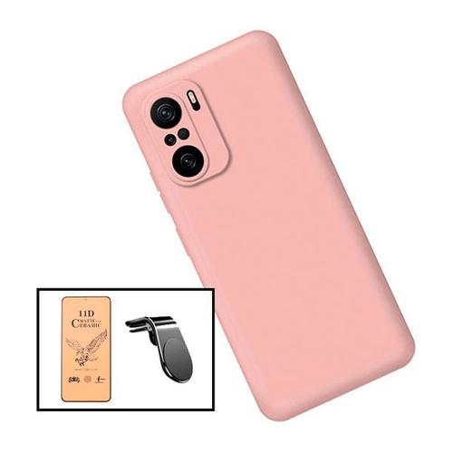 Kit Film De Verre Trempé Ceramicglass Full Cover + Coque Silicone Liquide + Support Magnétique L Conduite En Toute Sécurité Pour Xiaomi Redmi Note 10 - Rose