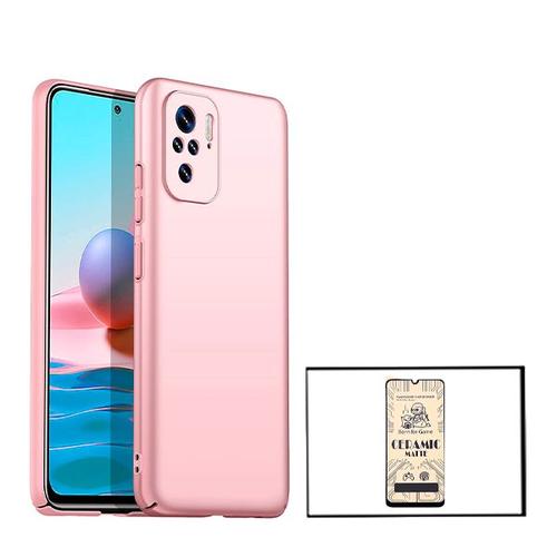 Kit Film De Verre Trempé Ceramicglass Full Cover + Coque Slimshield Pour Xiaomi Redmi Note 10 Rose