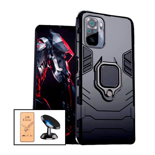 Kit Film De Verre Trempé Ceramicglass Full Cover + Coque 3x1 Military Defender + Support Magnétique De Voiture Pour Xiaomi Redmi Note 10