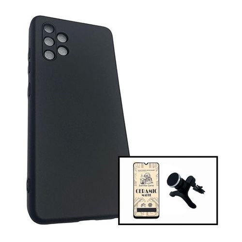 Kit Film De Verre Trempé Ceramicglass Full Cover + Coque Silicone Liquide + Support Magnétique De Voiture Renforcé Pour Samsung Galaxy A32 4g
