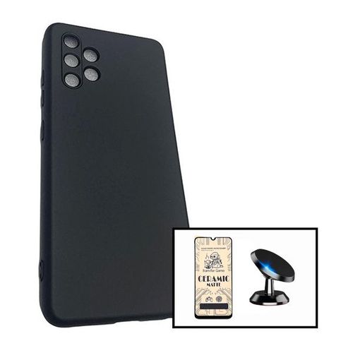 Kit Film De Verre Trempé Ceramicglass Full Cover + Coque Silicone Liquide + Support Magnétique De Voiture Pour Samsung Galaxy A32 4g