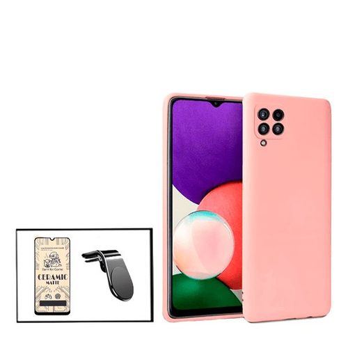 Kit Film De Verre Trempé Ceramicglass Full Cover + Coque Silicone Liquide + Support Magnétique L Conduite En Toute Sécurité Pour Samsung Galaxy M32 - Rose