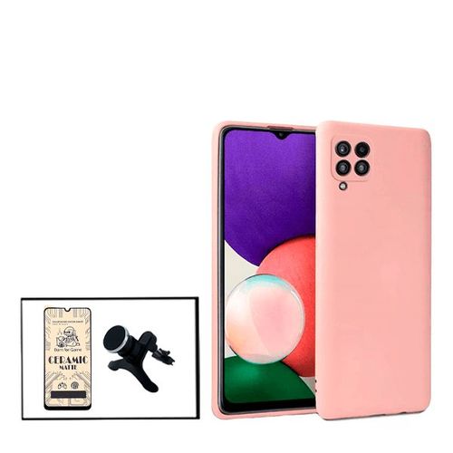 Kit Film De Verre Trempé Ceramicglass Full Cover + Coque Silicone Liquide + Support Magnétique De Voiture Renforcé Pour Samsung Galaxy M32 - Rose