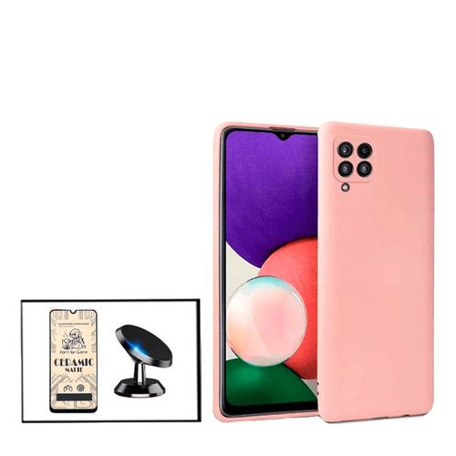 Kit Film De Verre Trempé Ceramicglass Full Cover + Coque Silicone Liquide + Support Magnétique De Voiture Pour Samsung Galaxy M32 - Rose