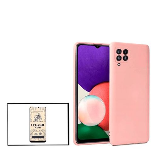 Kit Film De Verre Trempé Ceramicglass Full Cover + Coque Silicone Liquide Pour Samsung Galaxy M32 - Rose