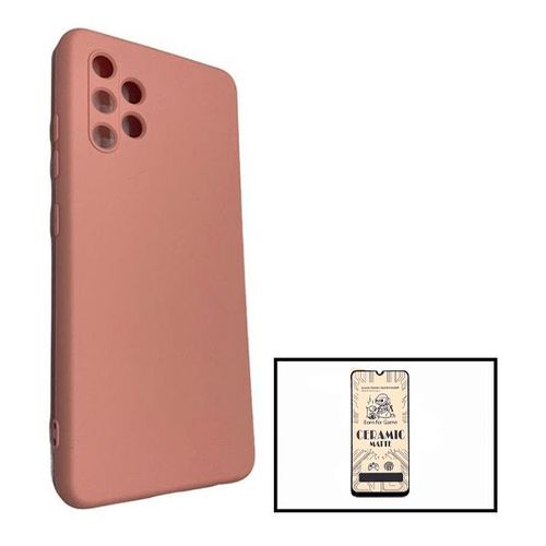 Kit Film De Verre Trempé Ceramicglass Full Cover + Coque Silicone Liquide Pour Samsung Galaxy A32 4g - Rose