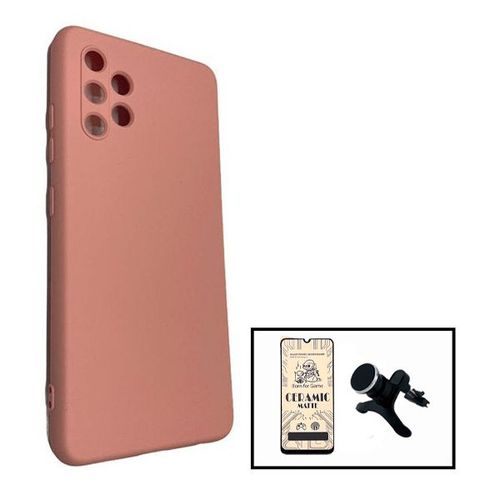 Kit Film De Verre Trempé Ceramicglass Full Cover + Coque Silicone Liquide + Support Magnétique De Voiture Renforcé Pour Samsung Galaxy A32 4g - Rose