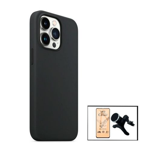 Kit Film De Verre Trempé Ceramicglass Full Cover + Coque Silicone Liquide + Support Magnétique De Voiture Renforcé Pour Iphone 13