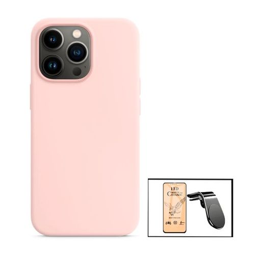 Kit Film De Verre Trempé Ceramicglass Full Cover + Coque Silicone Liquide + Support Magnétique L Conduite En Toute Sécurité Pour Iphone 13 - Rose
